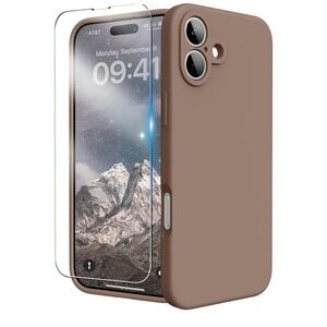 iPhone 16 Case with‎ Tempered Glass Screen Protector, Liquid Silicone Brown